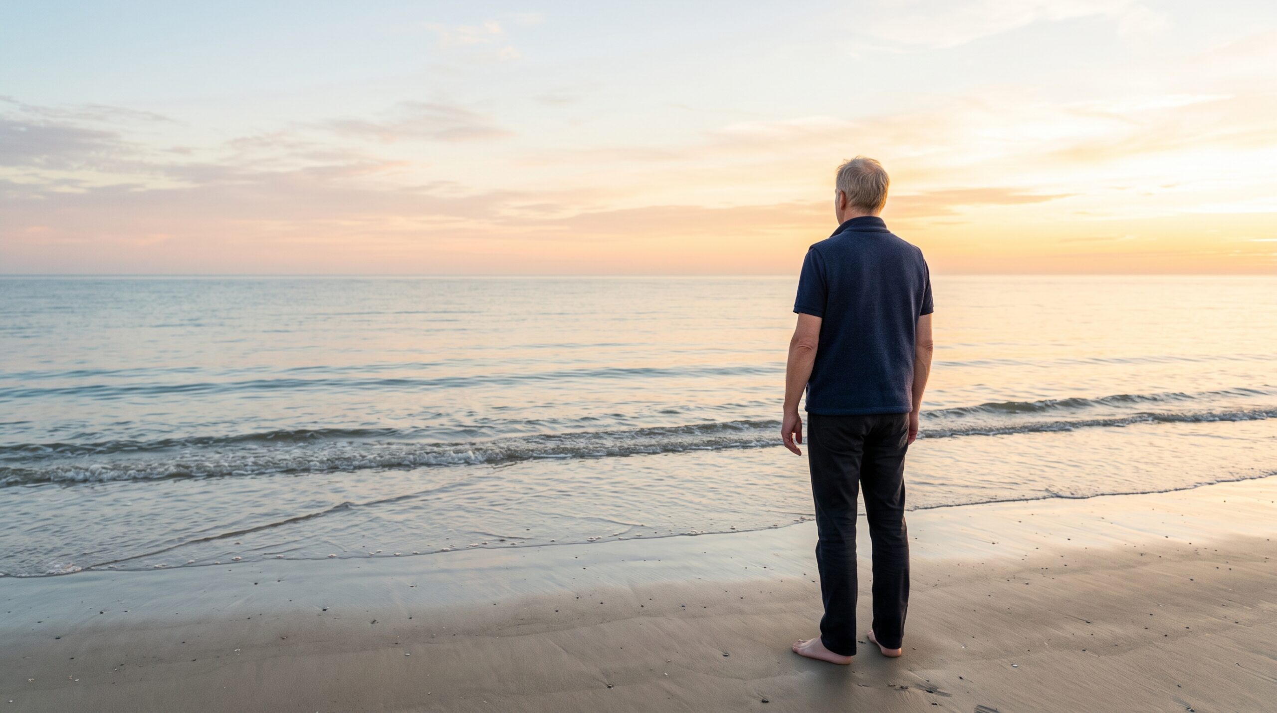 Man staat op blote voeten aan het strand en kijkt uit over een rustige zee bij zonsondergang — beeld bij het besef van non-dualiteit