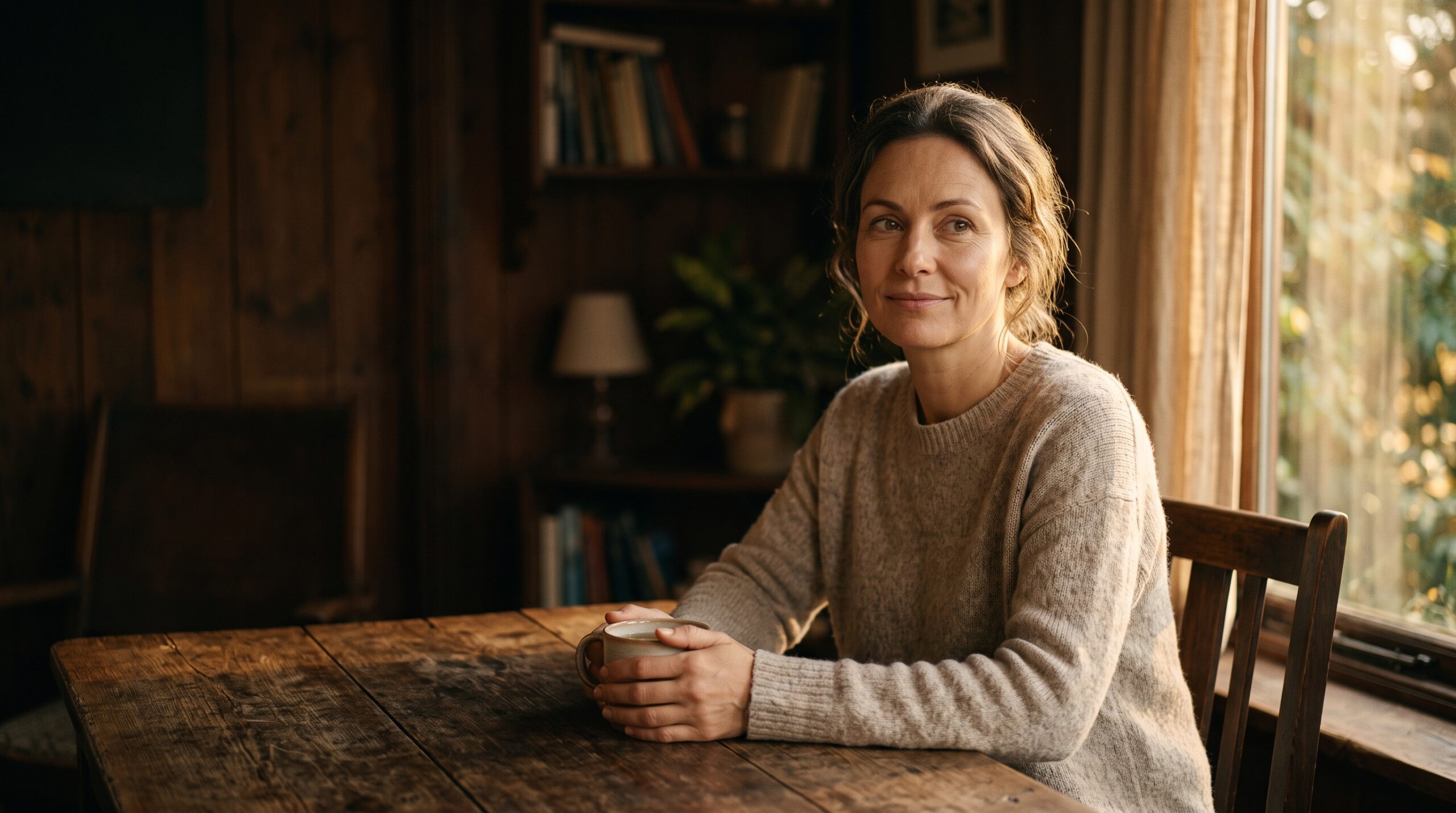 Vrouw kijkt kalm voor zich uit in warm licht, symbool voor van jezelf houden