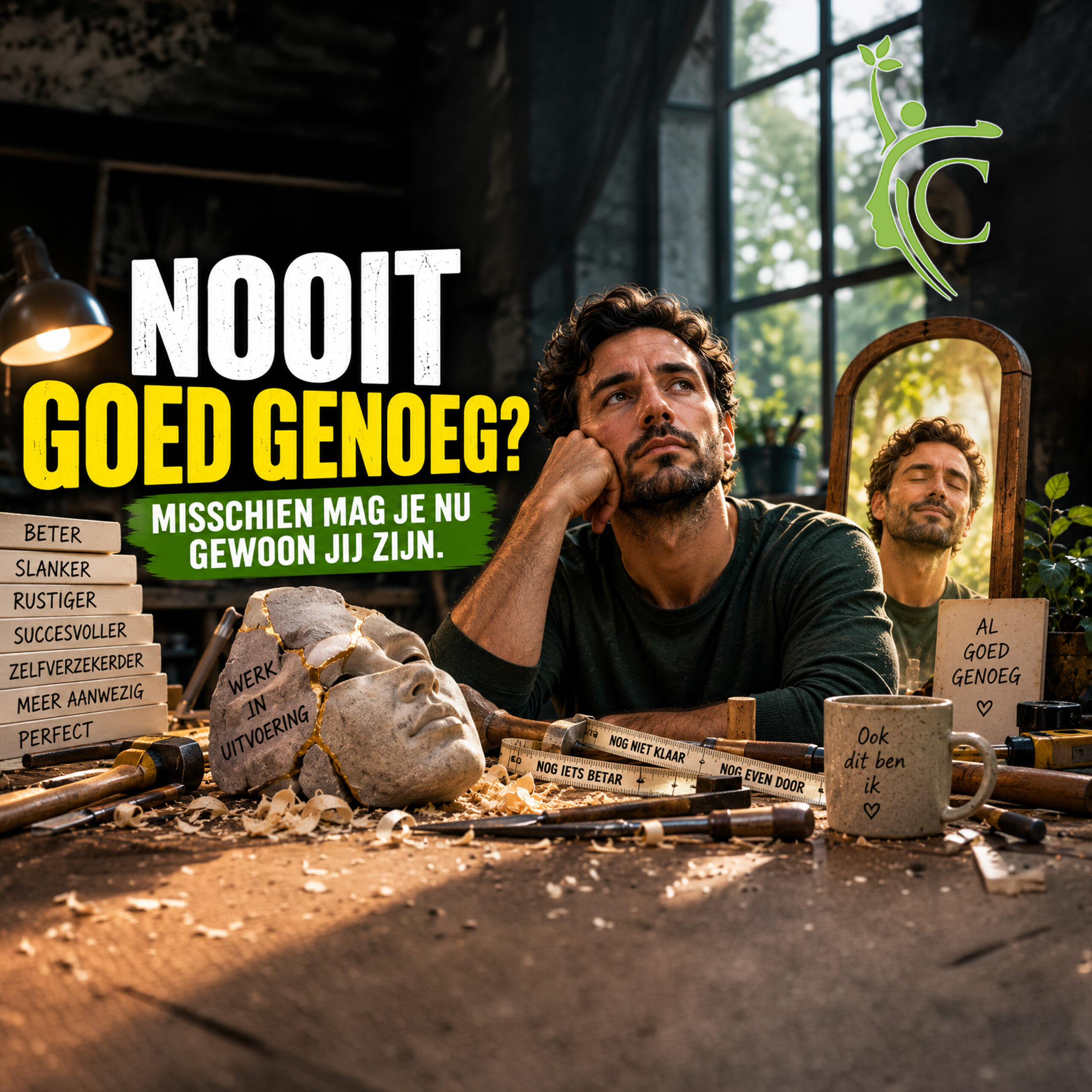 aPerfectionisme loslaten: man kijkt peinzend naar zijn werktafel vol onafgemaakte projecten
