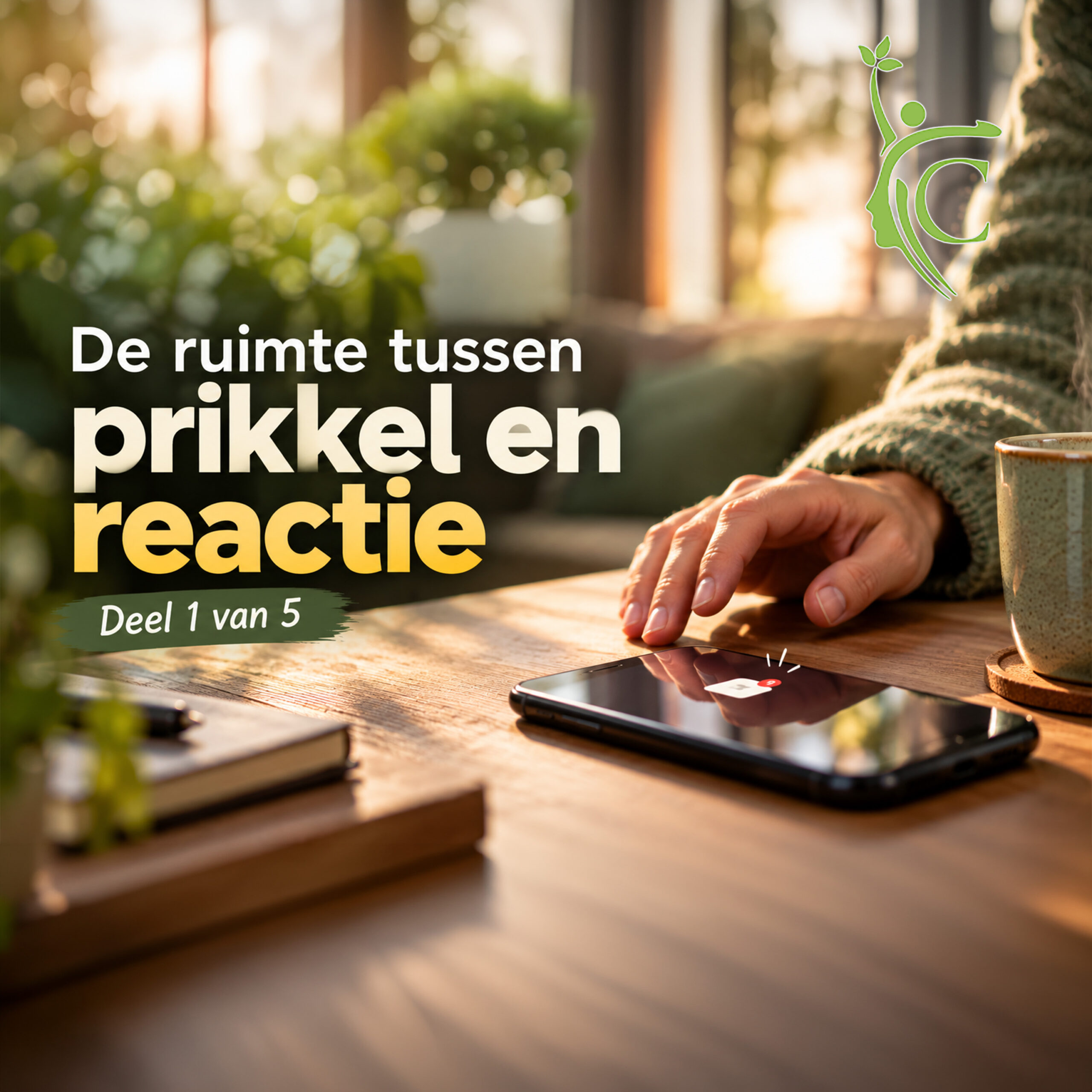 Een hand pauzeert naast een telefoon met een melding, als beeld voor even stilstaan voordat je reageert.